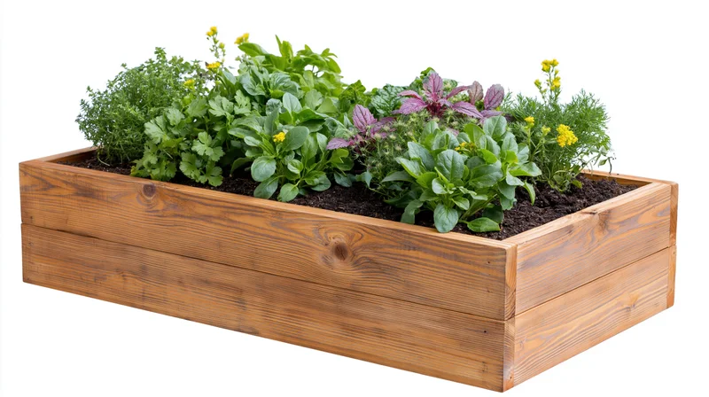 Wooden raised garden planter filled with fresh herbs and leafy greens on white background