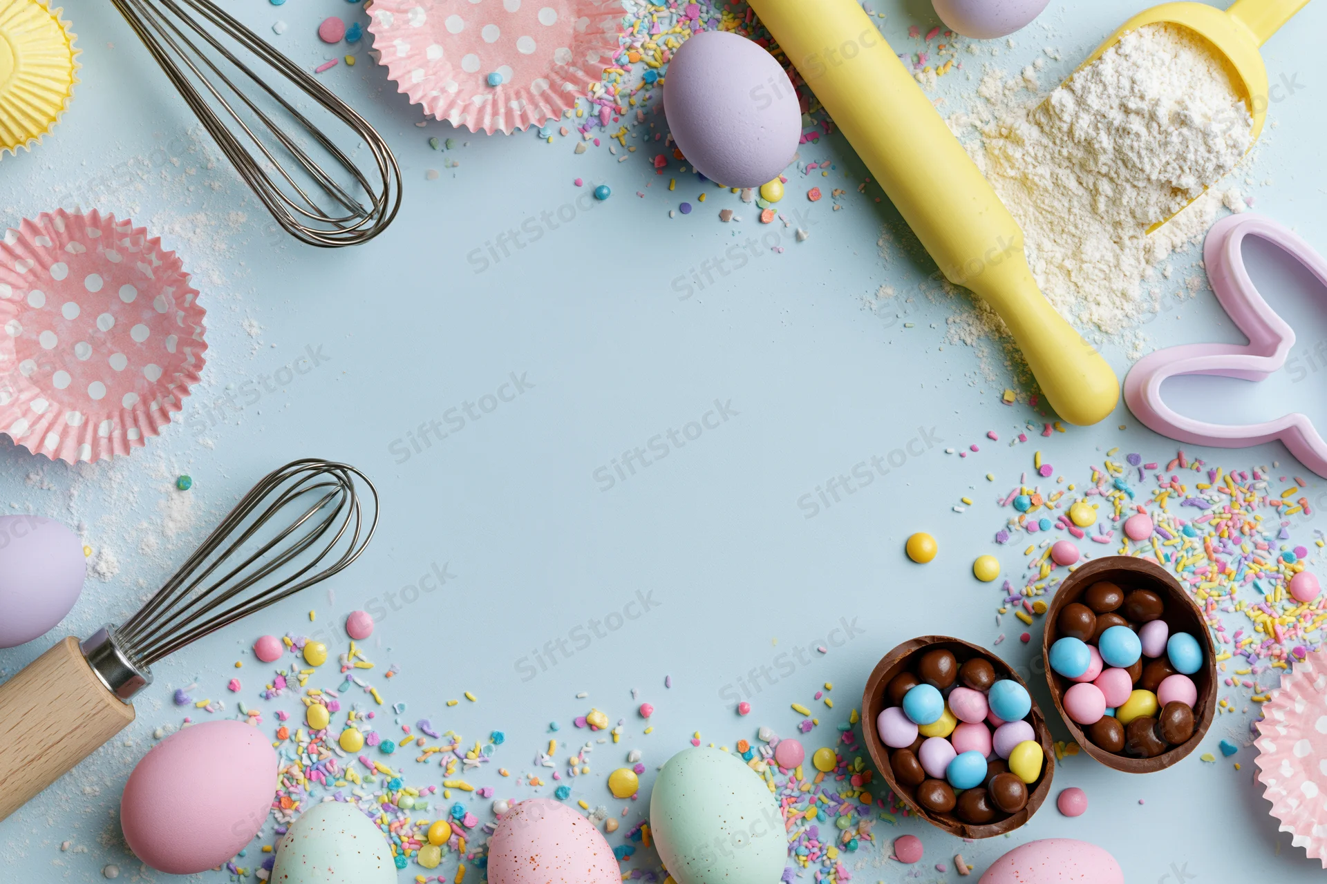 Pastel easter eggs and baking supplies arranged around a light blue surface with sprinkles and chocolate candies
