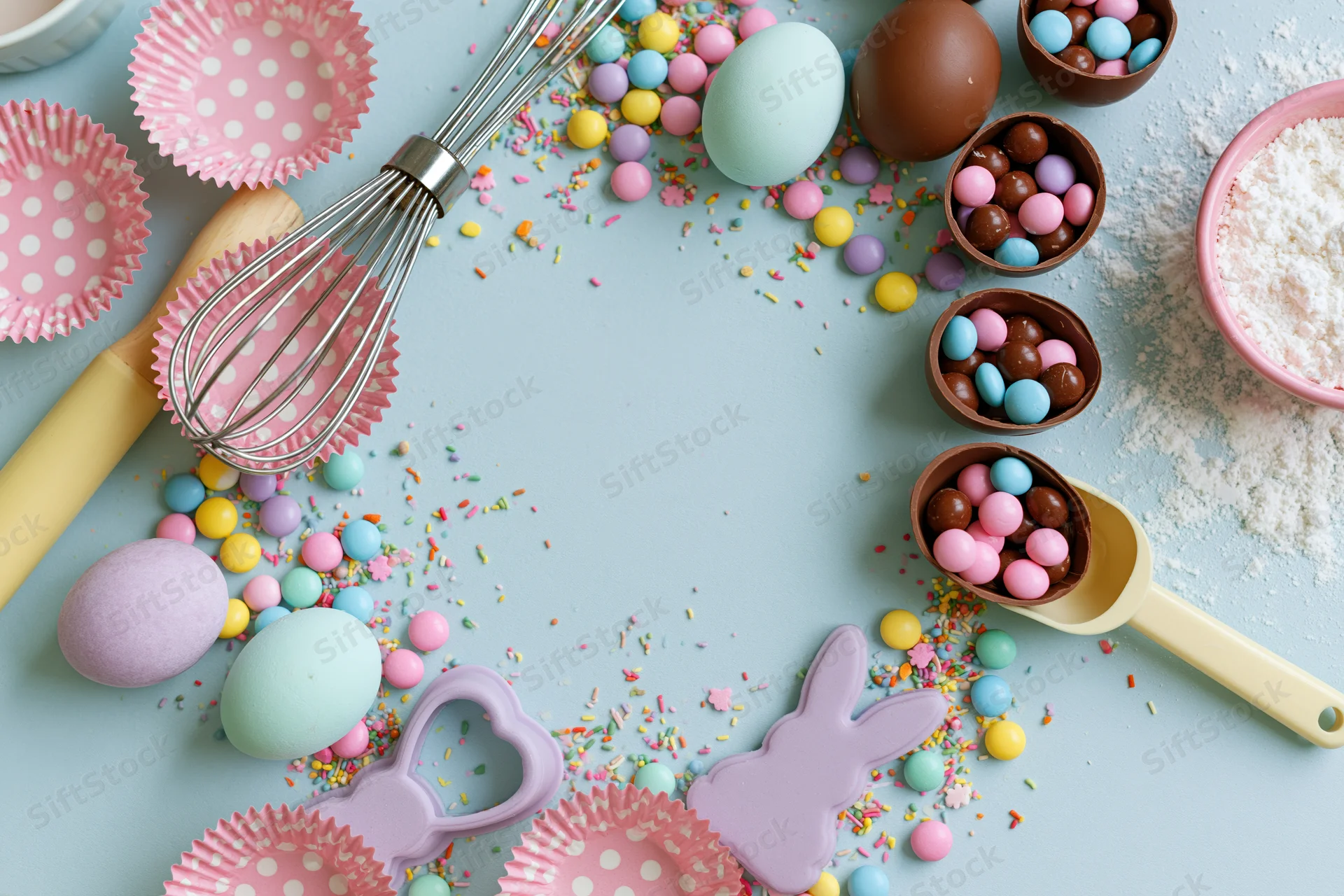 Easter baking setup with chocolate eggs, sprinkles, cupcake liners and utensils arranged on a pastel surface