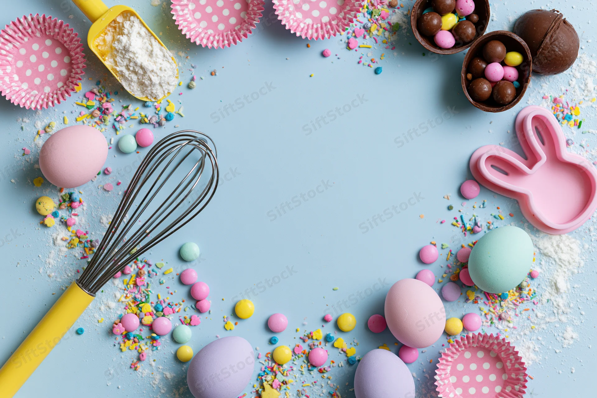 Pastel easter eggs and baking supplies arranged around a light blue surface with copyspace in center