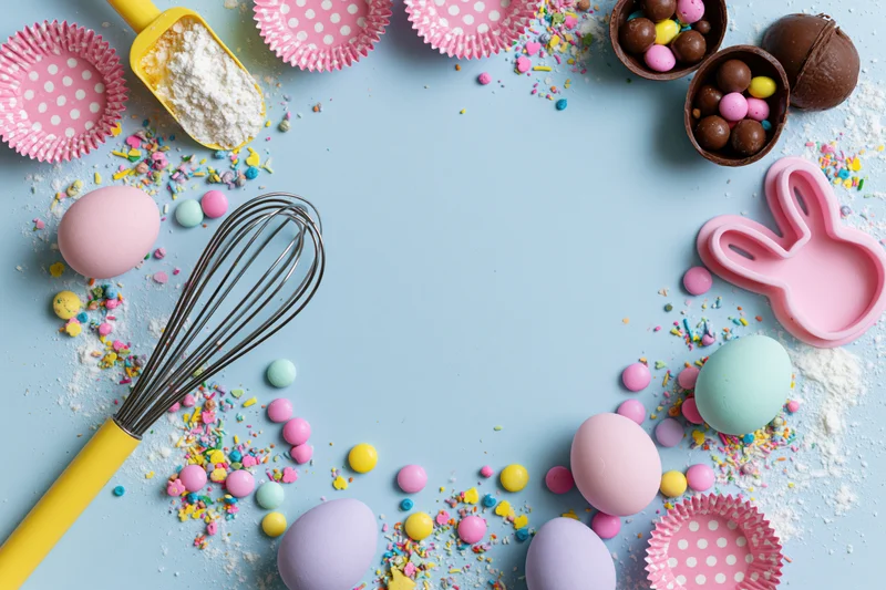 Pastel easter eggs and baking supplies arranged around a light blue surface with copyspace in center