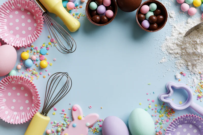 Easter baking supplies and decorations arranged around a light blue surface with copyspace in center