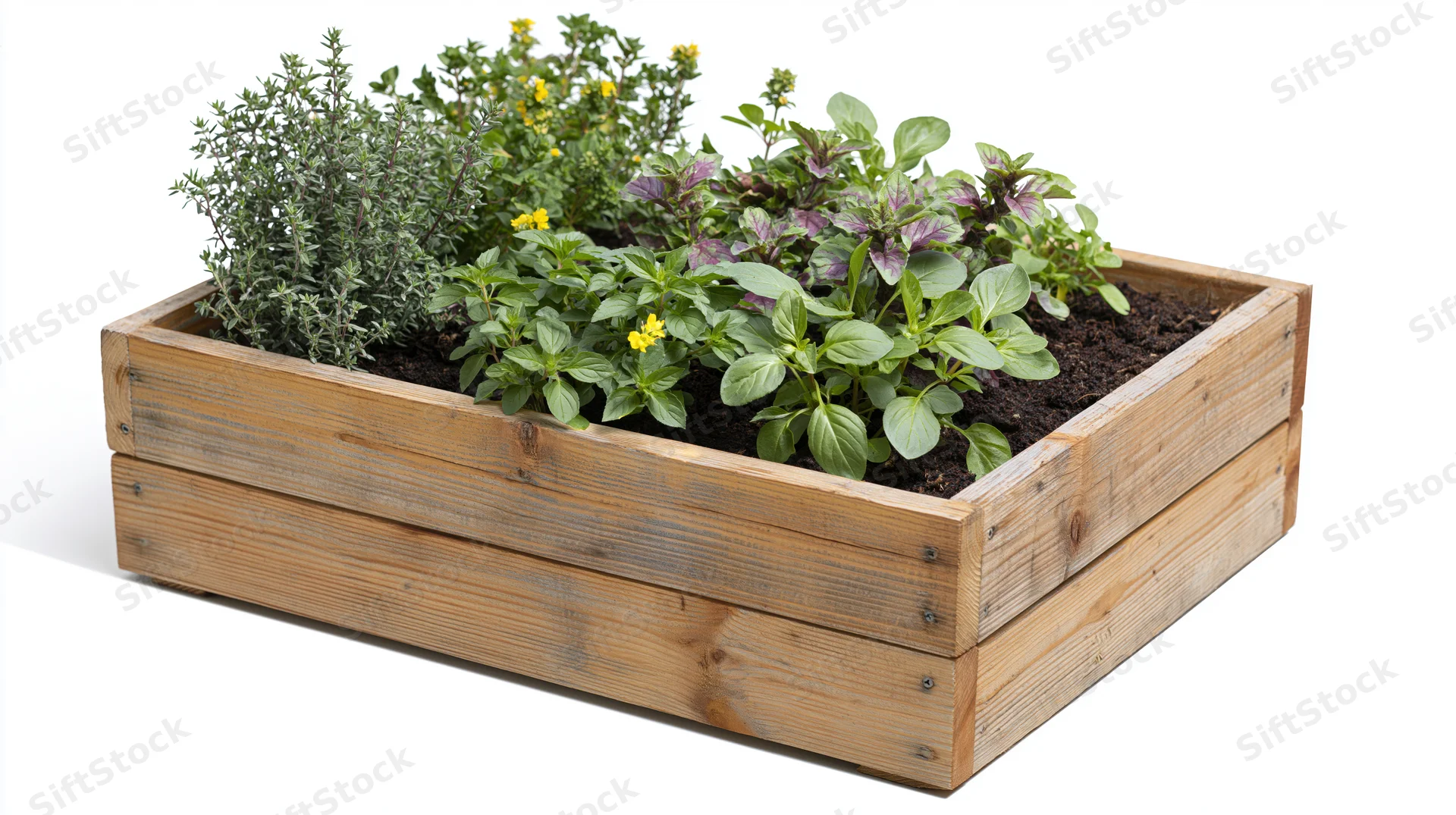 Wooden raised garden box filled with growing herbs and flowers on white background