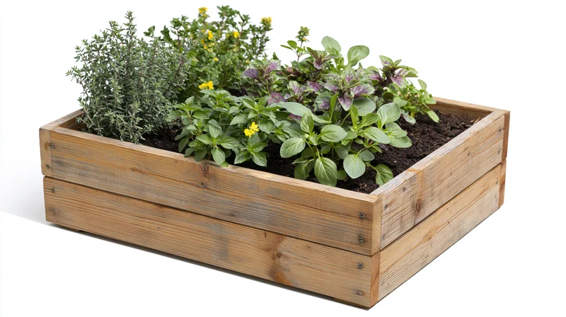 Wooden raised garden box filled with growing herbs and flowers on white background