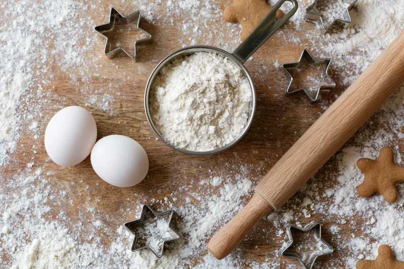 Flour and baking ingredients arranged on a wooden surface with star-shaped cookie cutters and gingerbread cookies