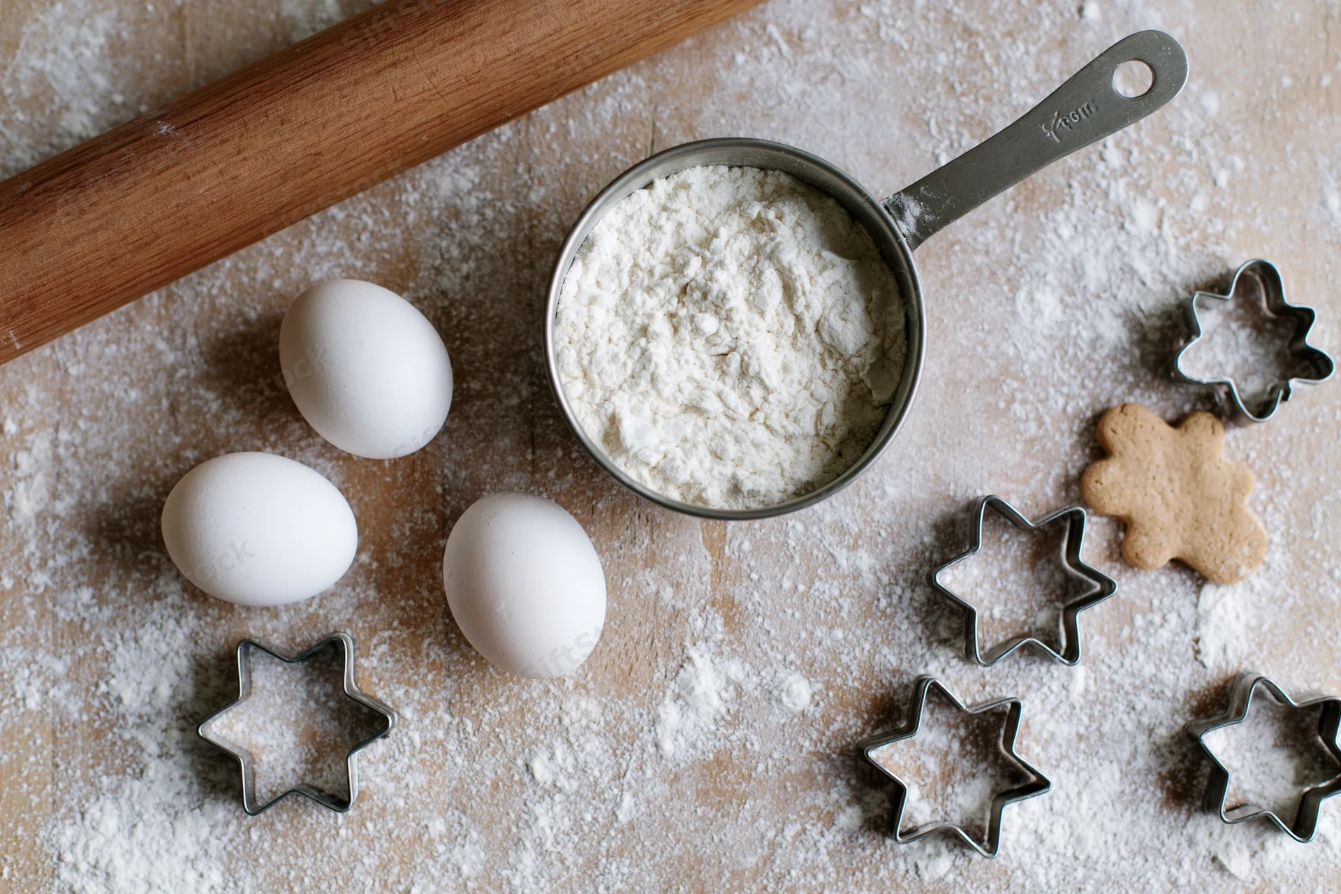 Flour, eggs, rolling pin and star-shaped cookie cutters arranged on a floured wooden countertop for holiday baking