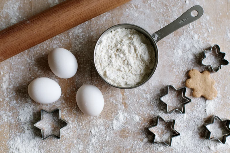 Flour, eggs, rolling pin and star-shaped cookie cutters arranged on a floured wooden countertop for holiday baking