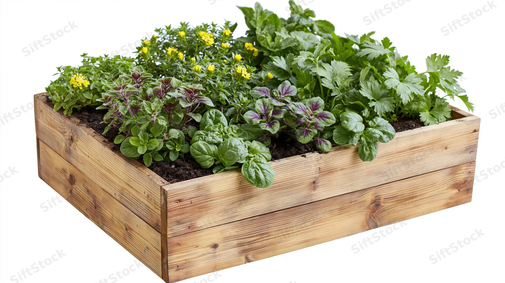 Wooden raised garden box filled with growing herbs and leafy plants on white background