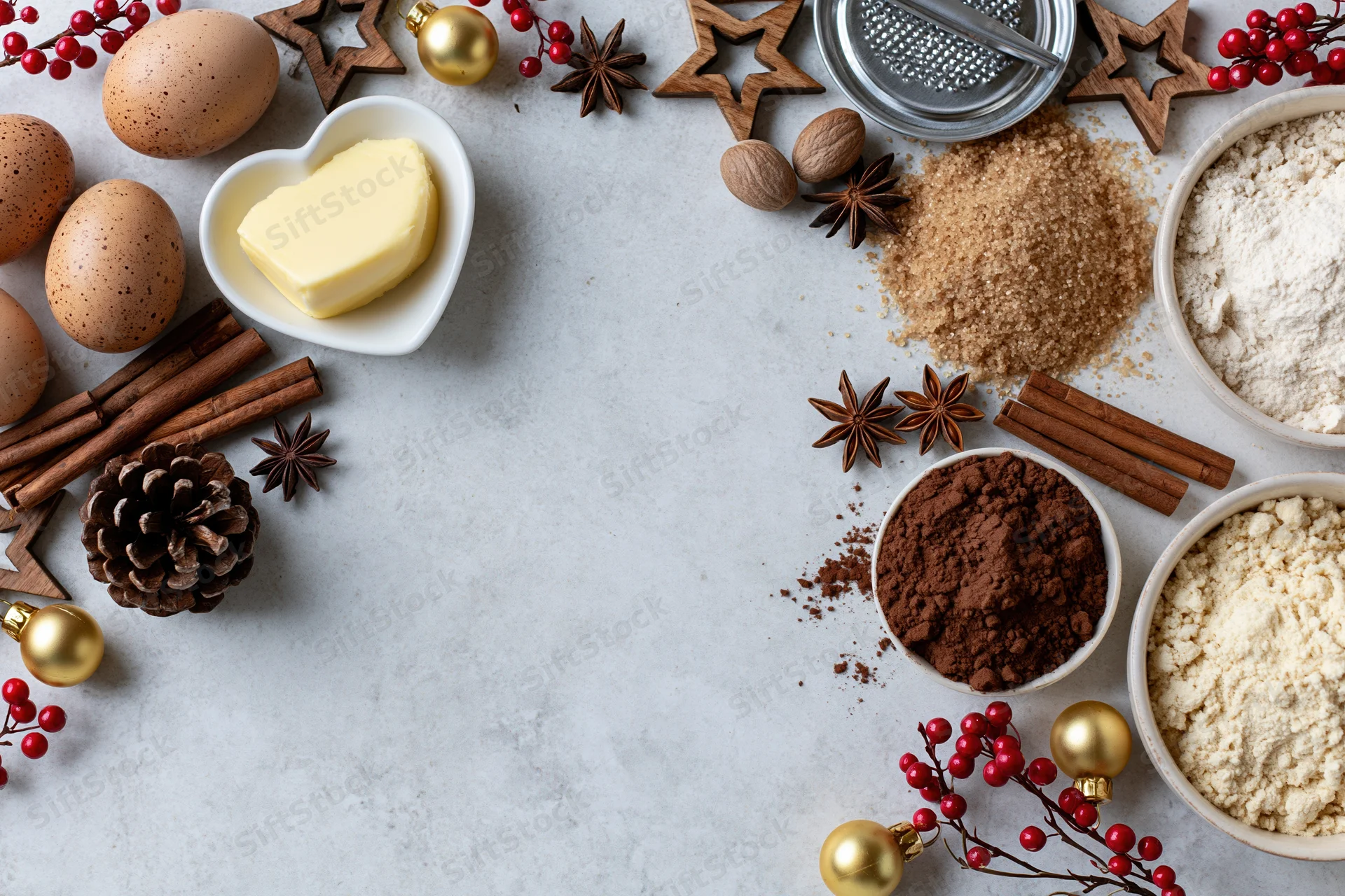 Baking ingredients arranged on a countertop with christmas decorations and copyspace