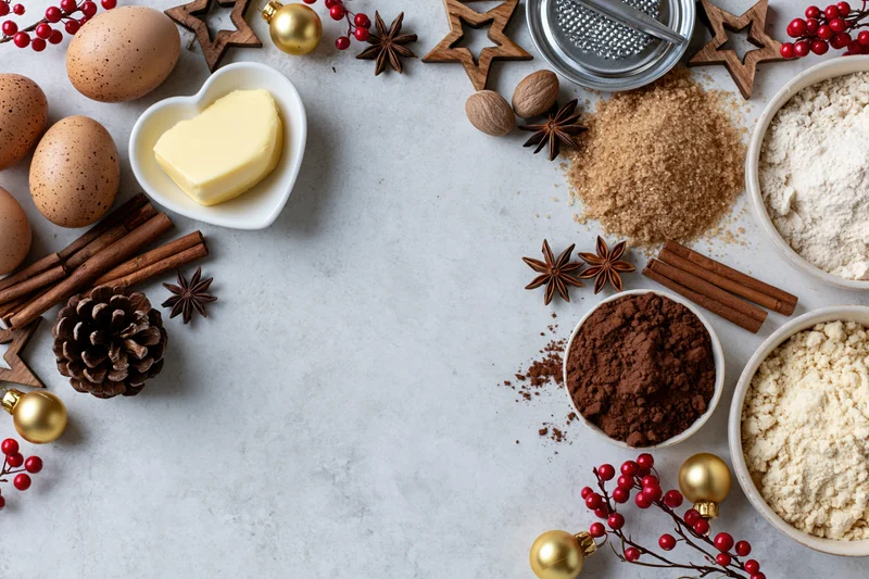 Baking ingredients arranged on a countertop with christmas decorations and copyspace