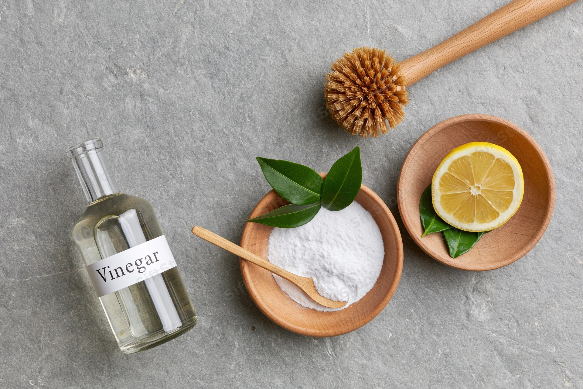 Vinegar bottle, lemon slice, baking soda in wooden bowls with brush and leaves on gray countertop