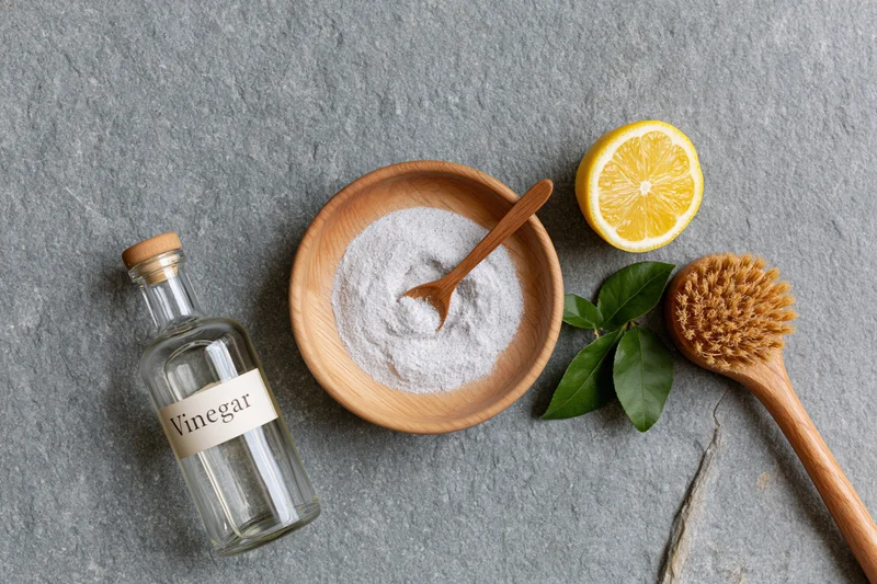 Vinegar bottle, baking soda in wooden bowl, lemon slice, and brush arranged on gray stone surface