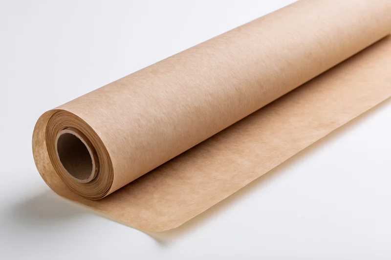 A roll of brown kraft paper unrolled on a white surface