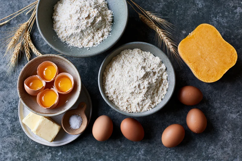 Baking ingredients arranged on dark stone surface with bowls of flour, eggs, butter, salt, pumpkin and wheat stalks