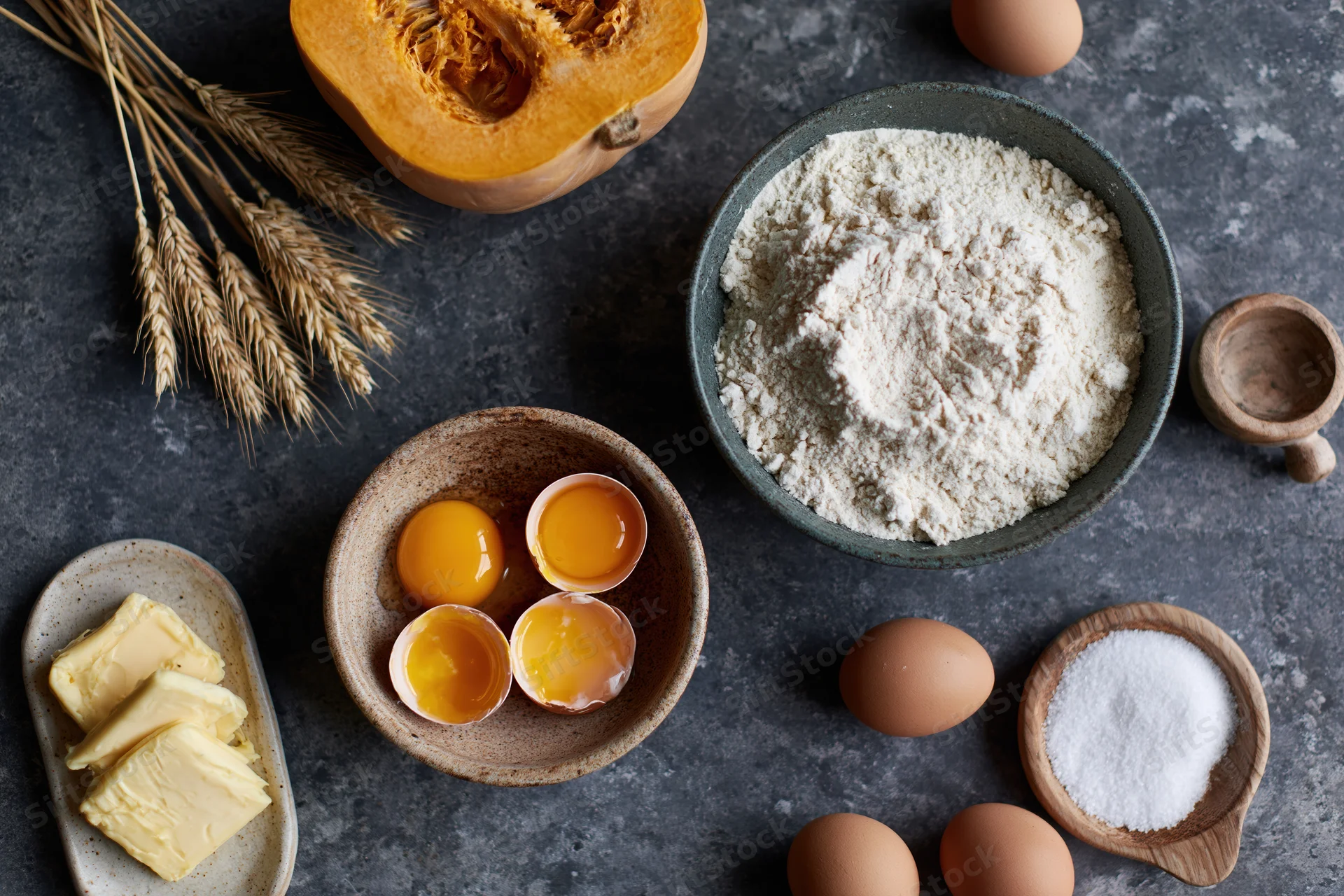 Baking ingredients arranged on dark countertop including flour, eggs, butter, pumpkin, wheat, and salt