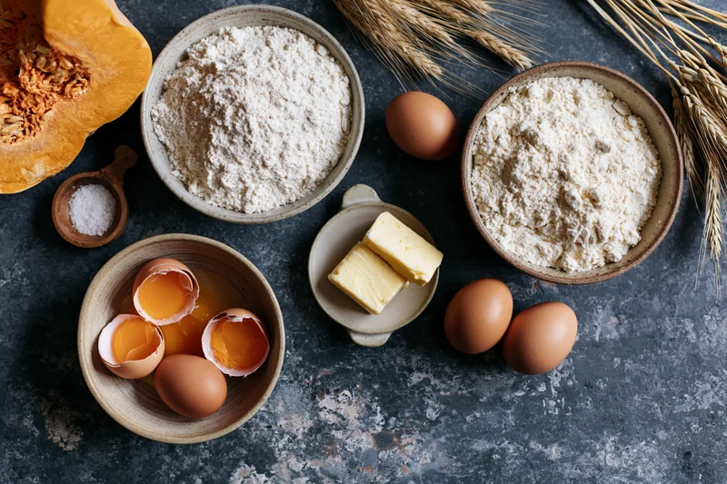 Baking ingredients including flour, eggs, butter, pumpkin, and wheat arranged on a dark stone countertop