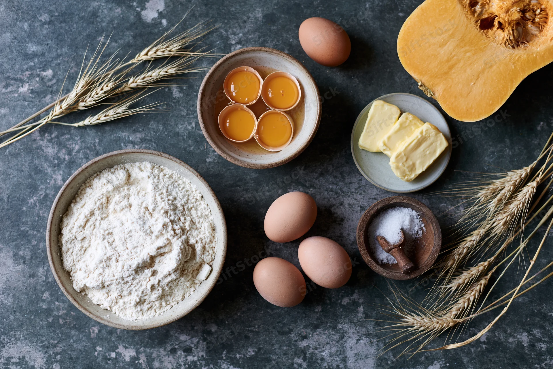 Baking ingredients arranged on dark stone surface with wheat stalks and pumpkin