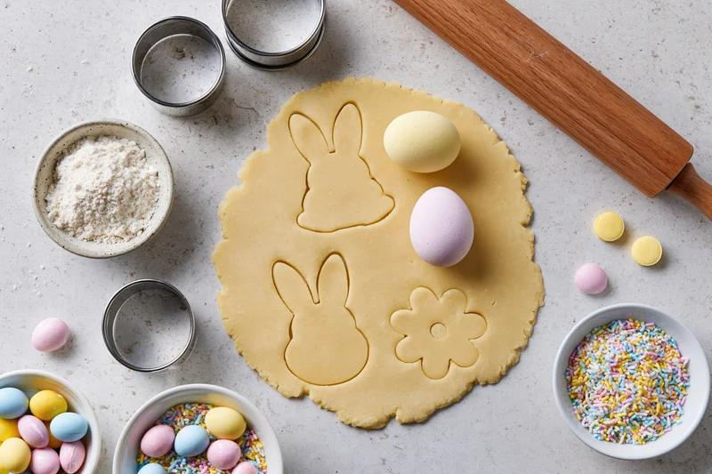 Easter cookie dough with bunny and flower cutouts and pastel eggs on a kitchen counter