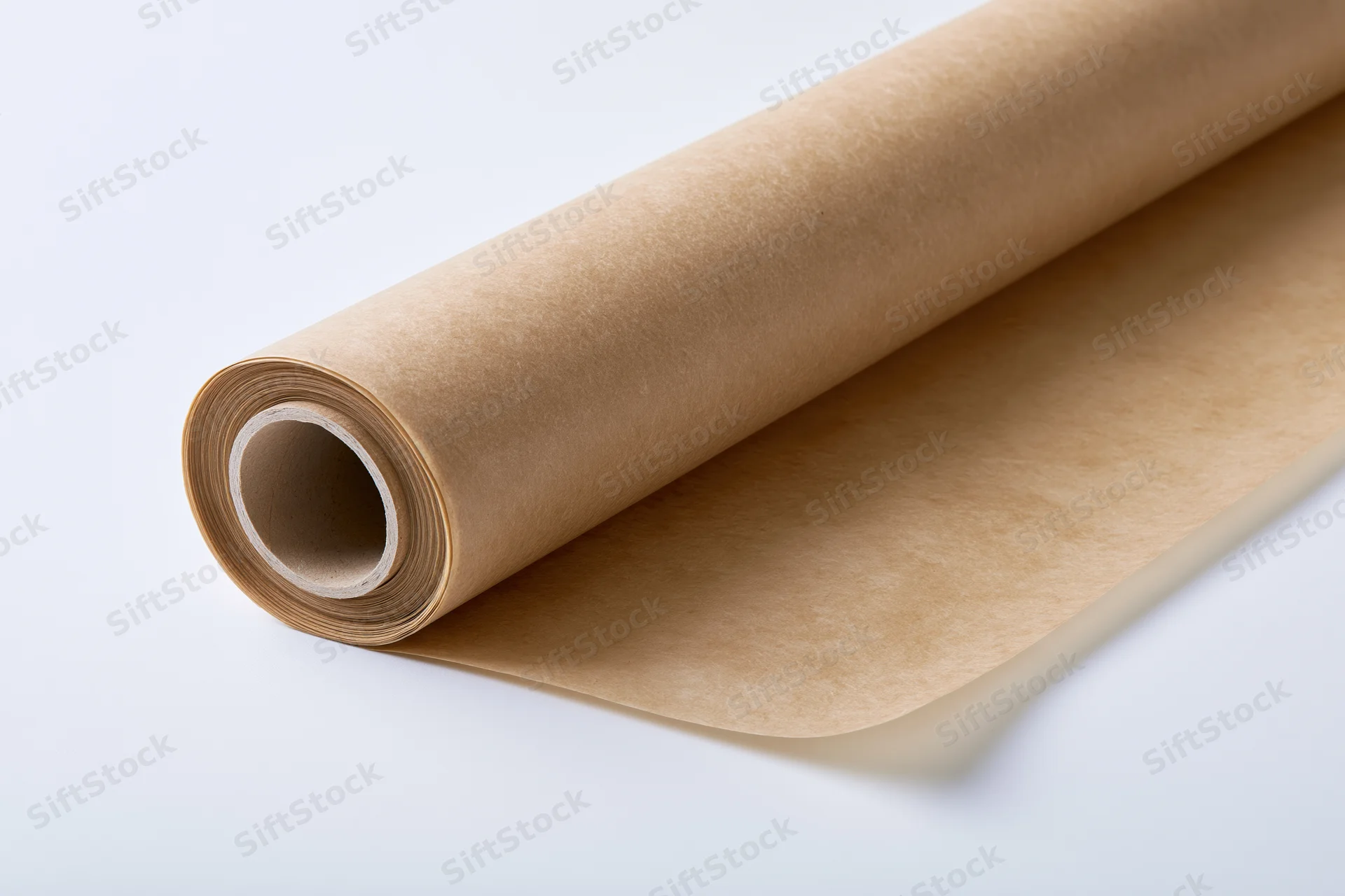 A roll of brown kraft paper unrolled on a white surface