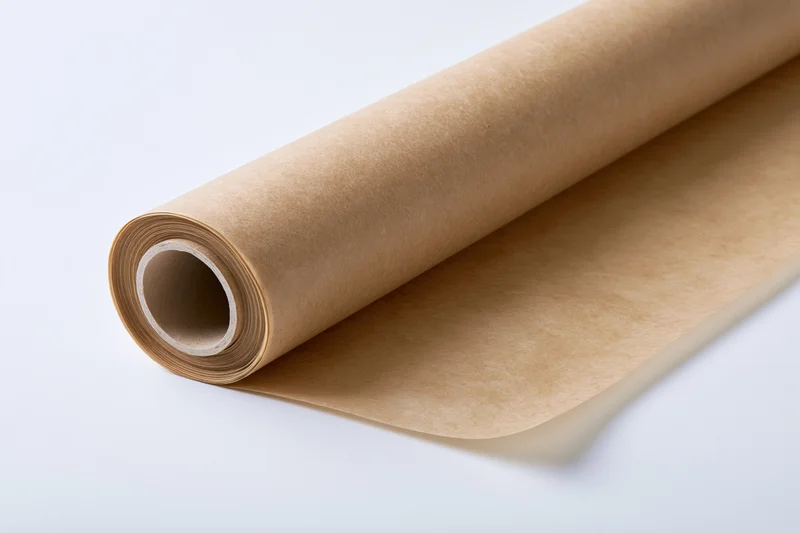 A roll of brown kraft paper unrolled on a white surface