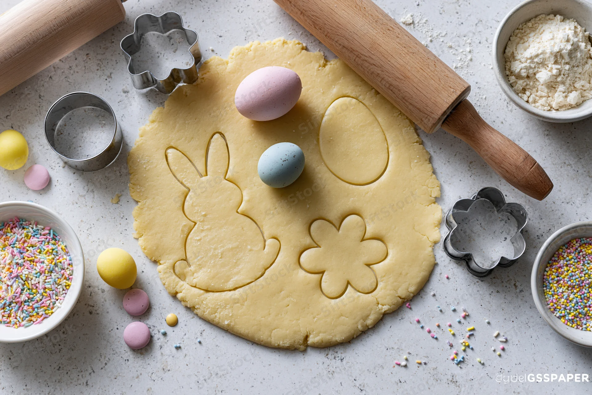 Easter cookie dough with bunny and egg shapes cut out on a kitchen countertop surrounded by baking tools and sprinkles