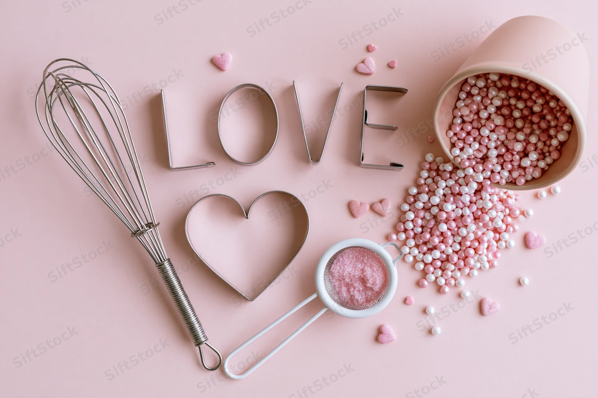 Baking utensils and heart-shaped decorations arranged on pink surface with sprinkles and cookie cutters spelling love