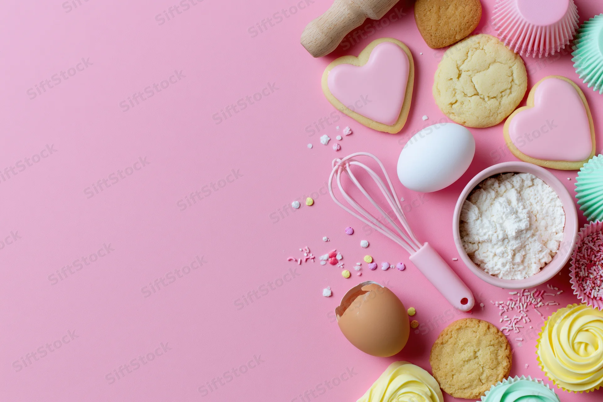 Baking ingredients and pastel-colored sweets arranged on pink surface with copyspace