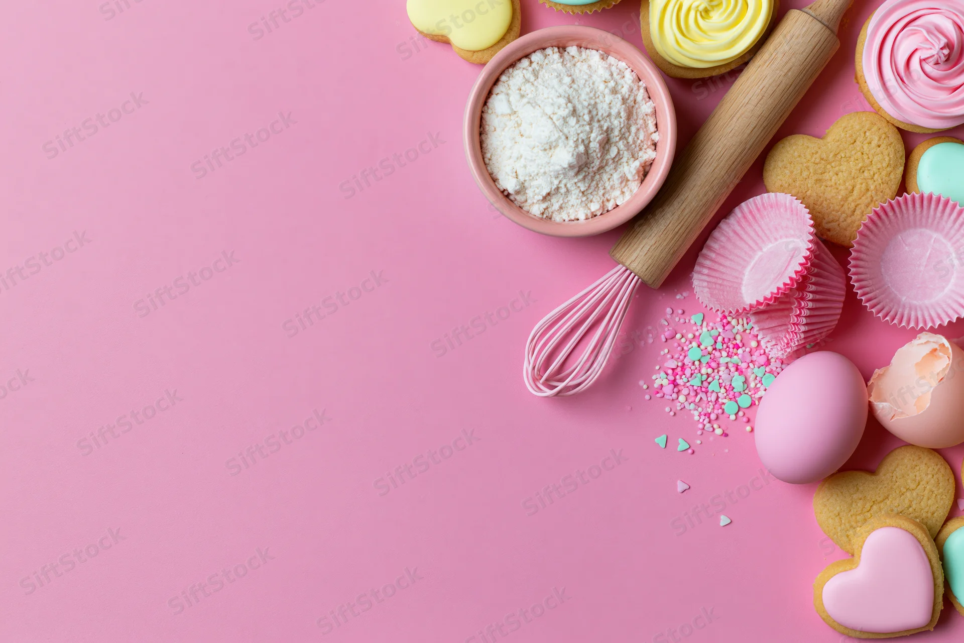 Heart-shaped cookies and baking ingredients arranged on a pink surface with copy space