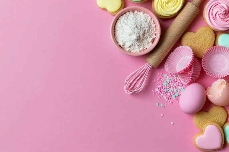Heart-shaped cookies and baking ingredients arranged on a pink surface with copy space