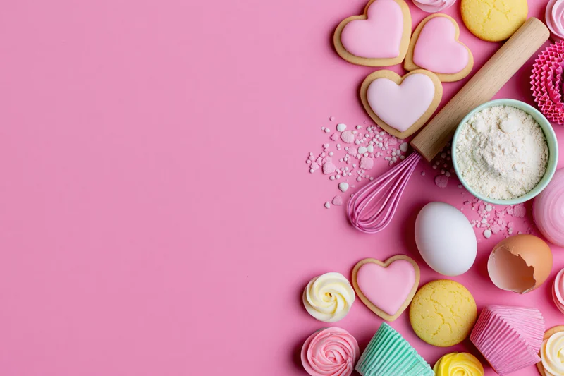 Heart-shaped cookies and baking ingredients arranged on pink surface with copyspace