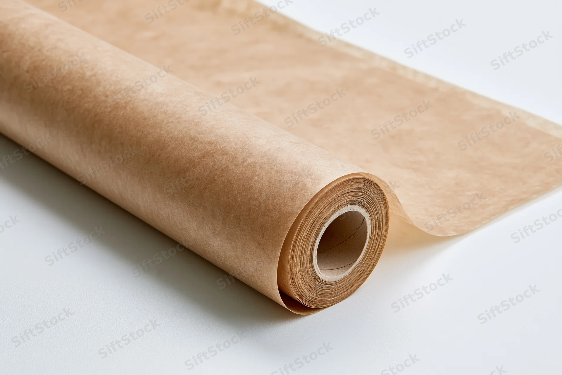 A roll of brown parchment paper unrolled on a white surface