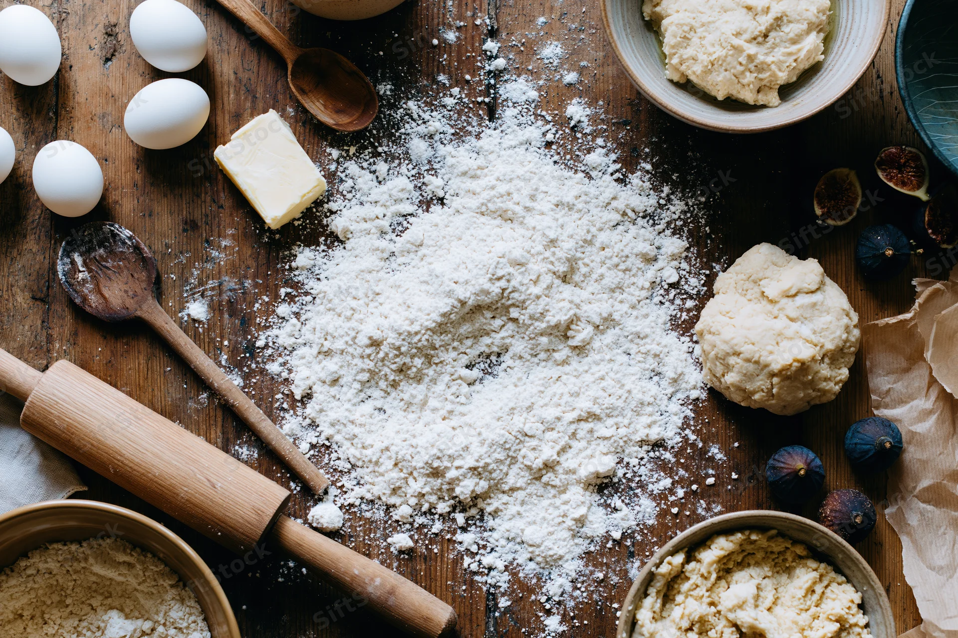 Flour and baking ingredients arranged on a wooden table with dough, eggs, butter, and figs