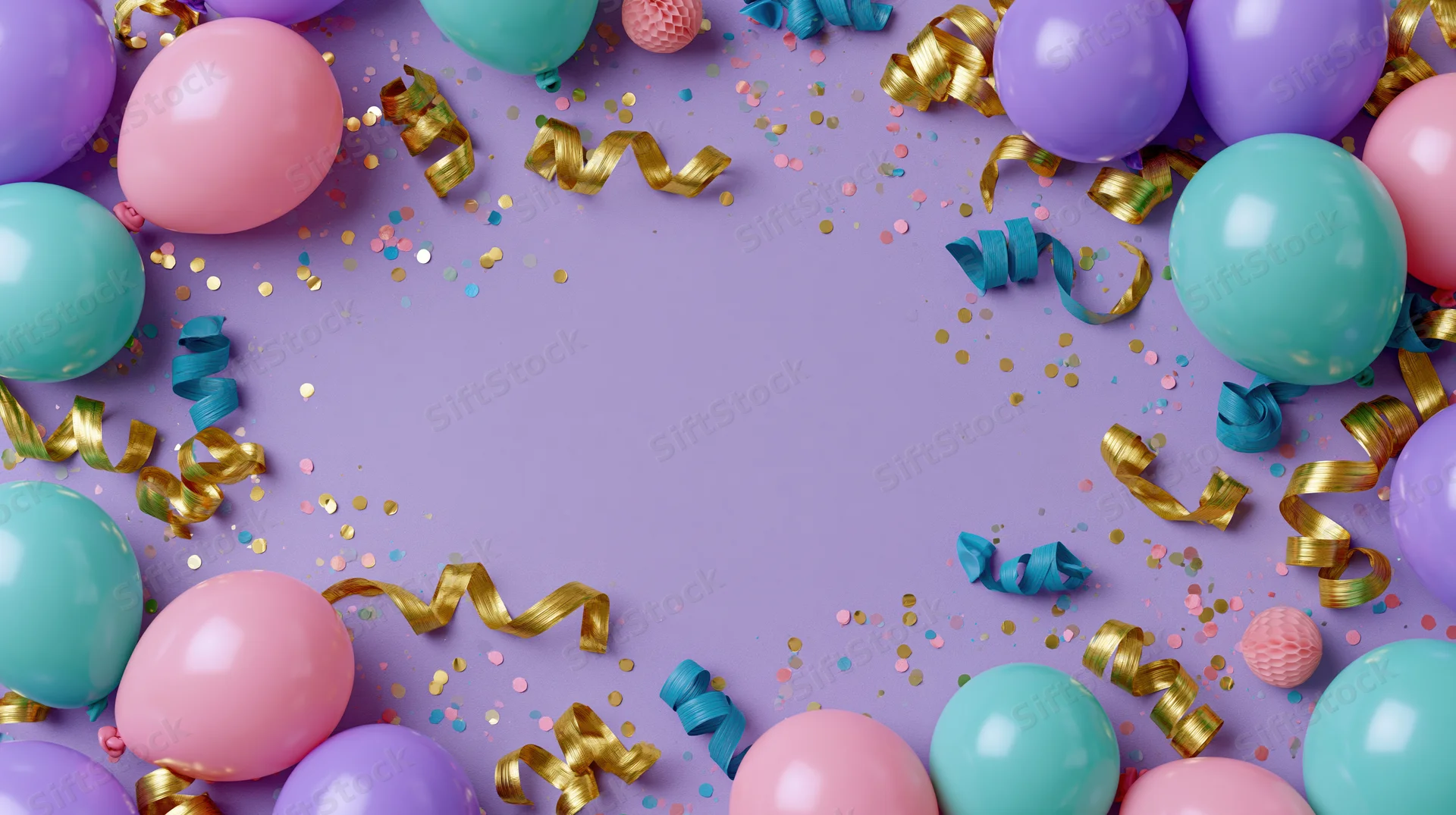 Colorful balloons and streamers arranged in a frame around a purple surface with confetti and copyspace in the center
