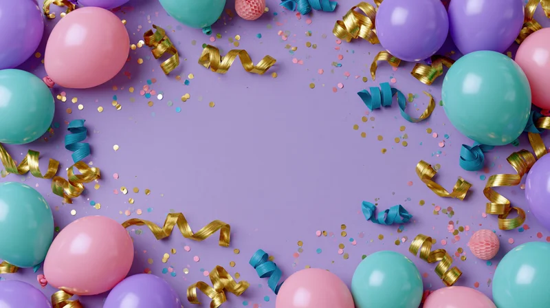 Colorful balloons and streamers arranged in a frame around a purple surface with confetti and copyspace in the center