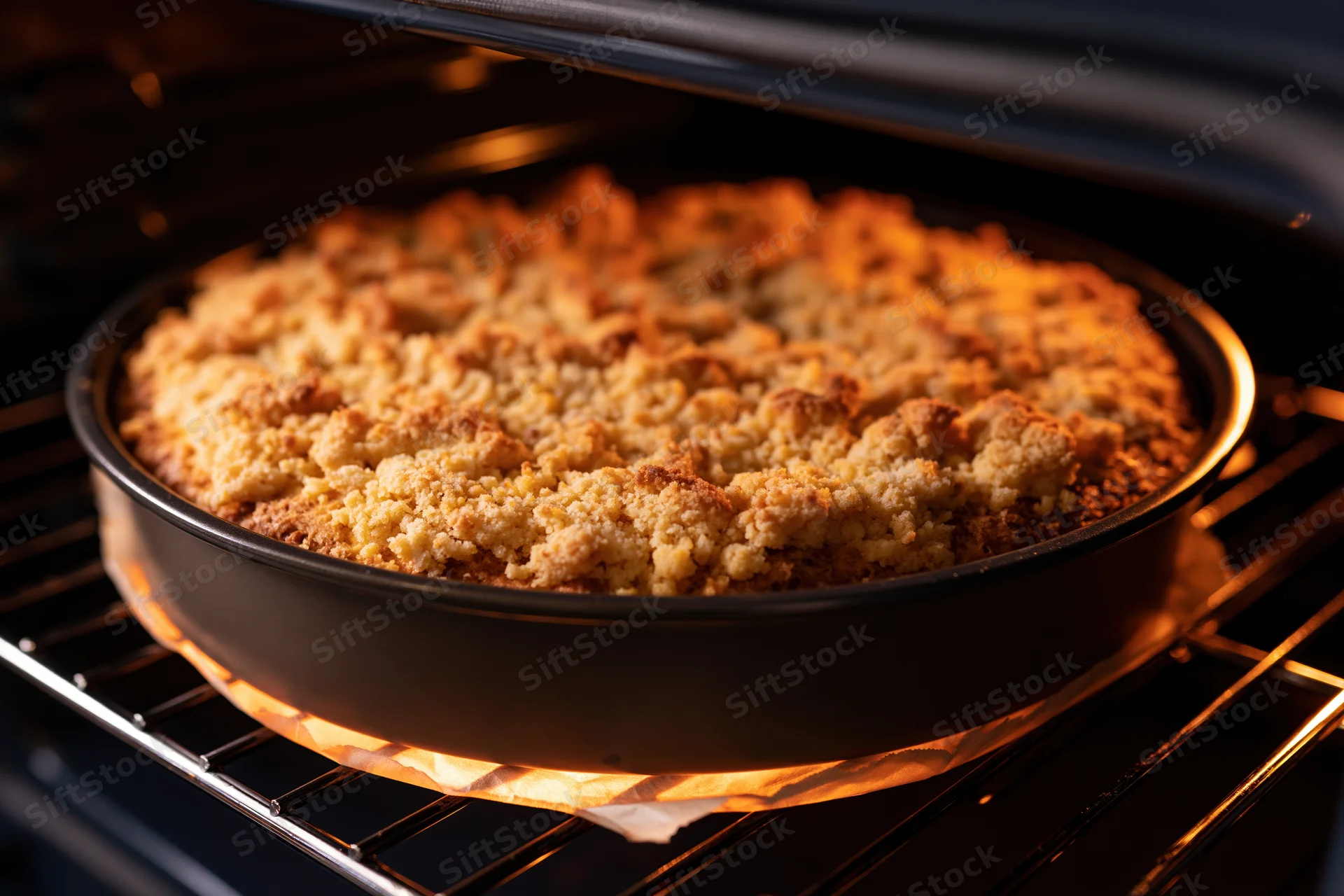 Apple crumble baking in an oven with golden crust and warm glow from the heating element