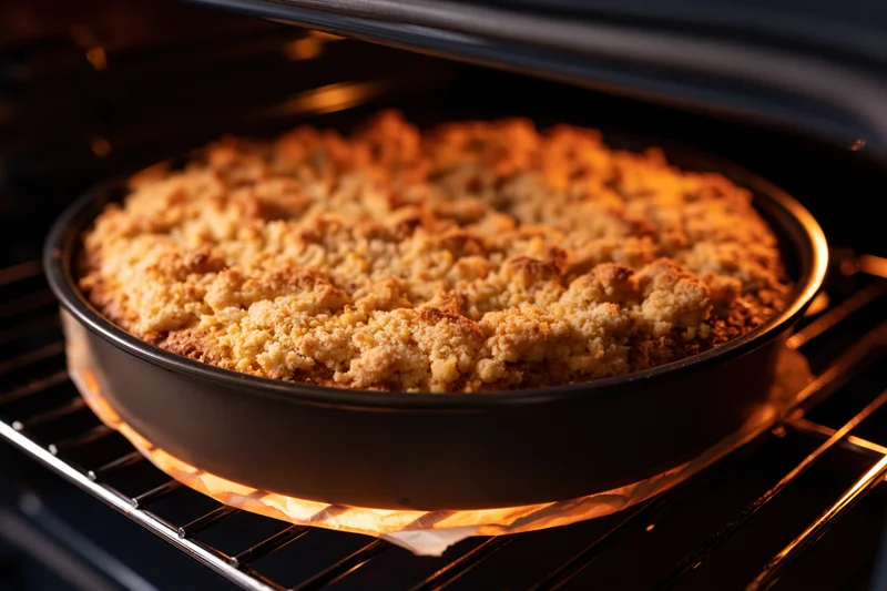 Apple crumble baking in an oven with golden crust and warm glow from the heating element