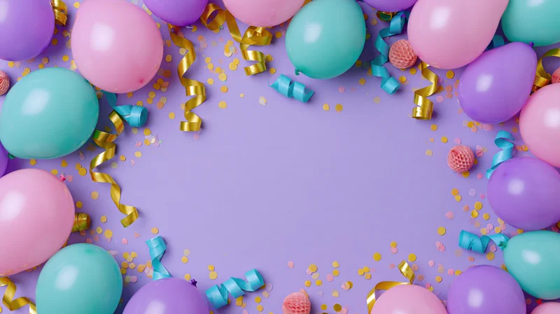 Colorful balloons and streamers arranged in a frame around a purple background with copyspace