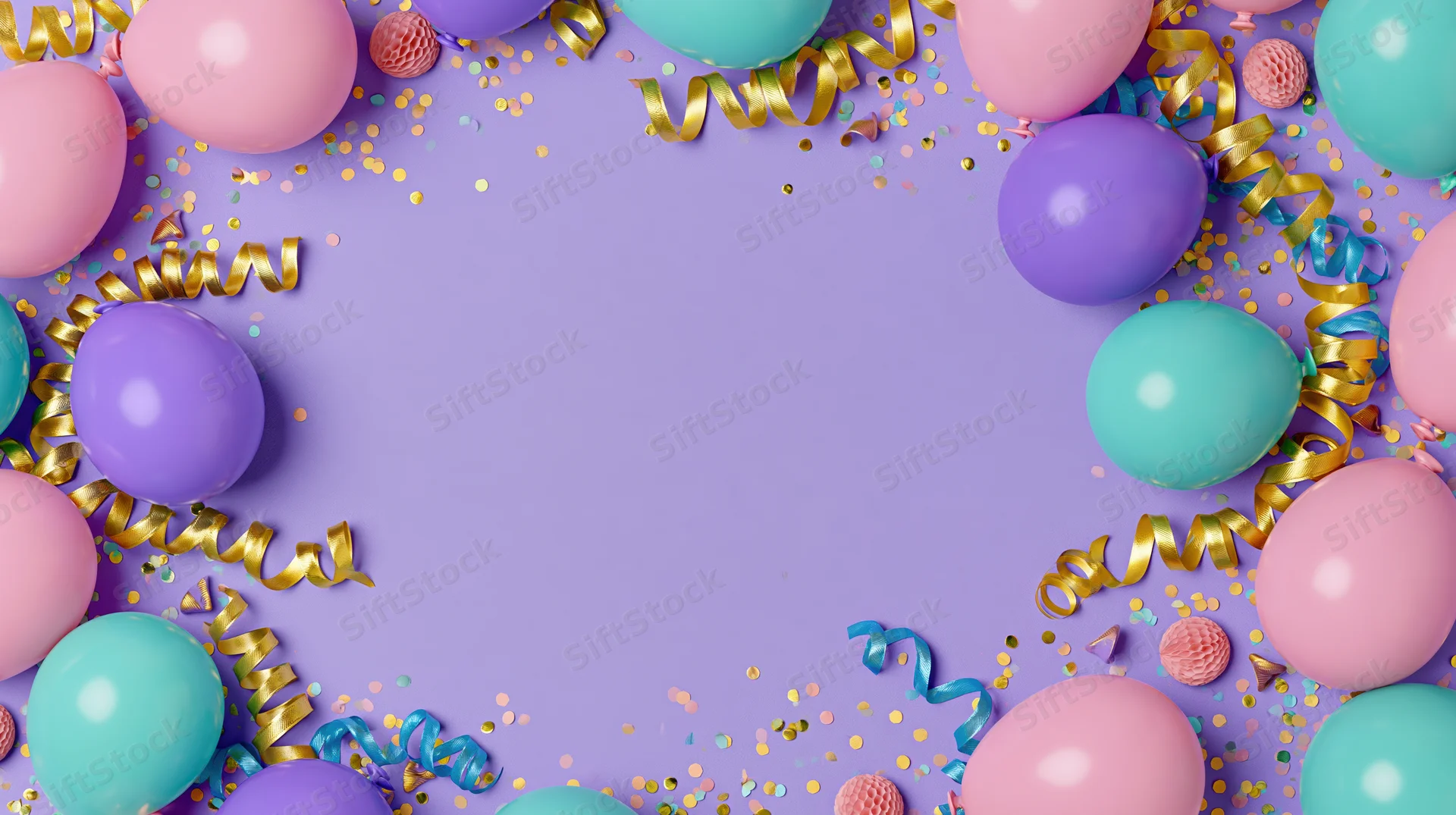 Colorful balloons and streamers arranged in a circular frame on a purple background with confetti and copyspace in the center