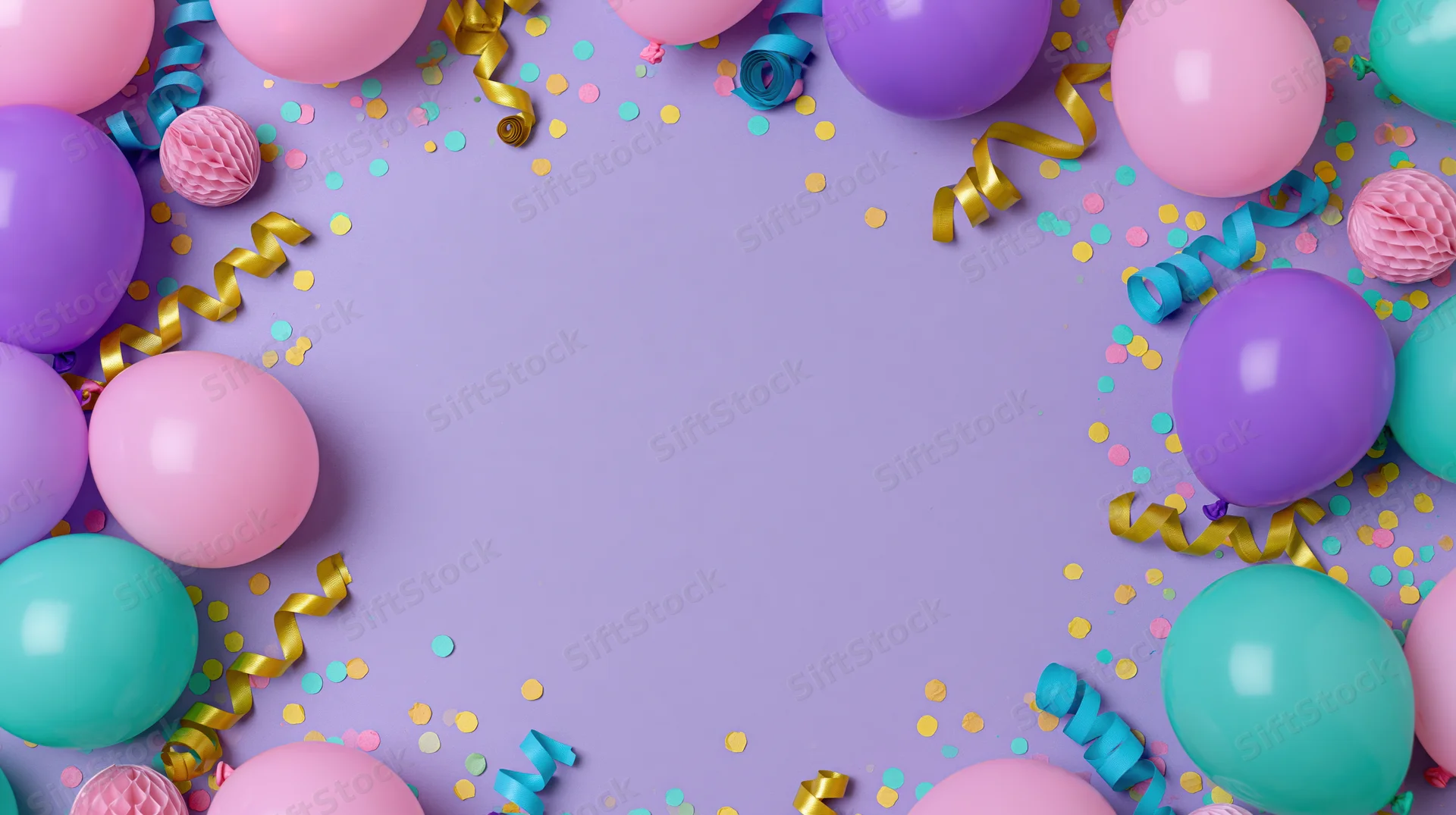 Colorful balloons and confetti arranged in a frame around a lavender surface with copyspace in the center