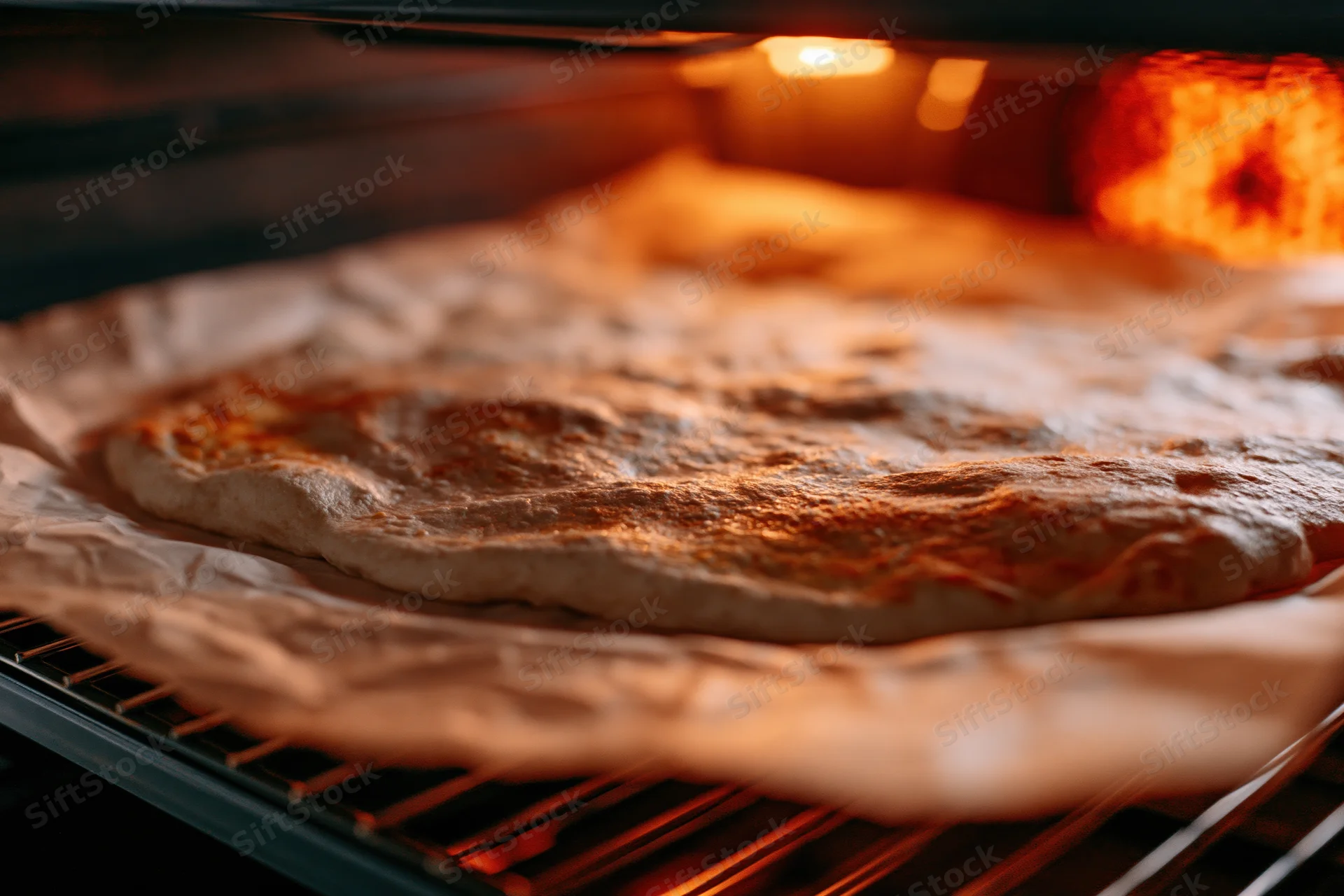 Pizza dough baking on parchment paper inside an oven with glowing heat and golden crust forming