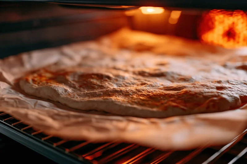 Pizza dough baking on parchment paper inside an oven with glowing heat and golden crust forming