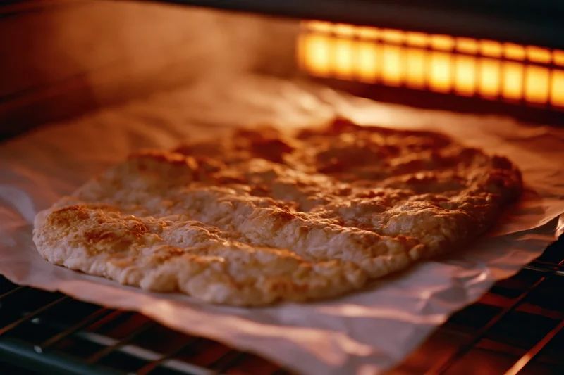 Pizza baking in oven on parchment paper with glowing heating element above