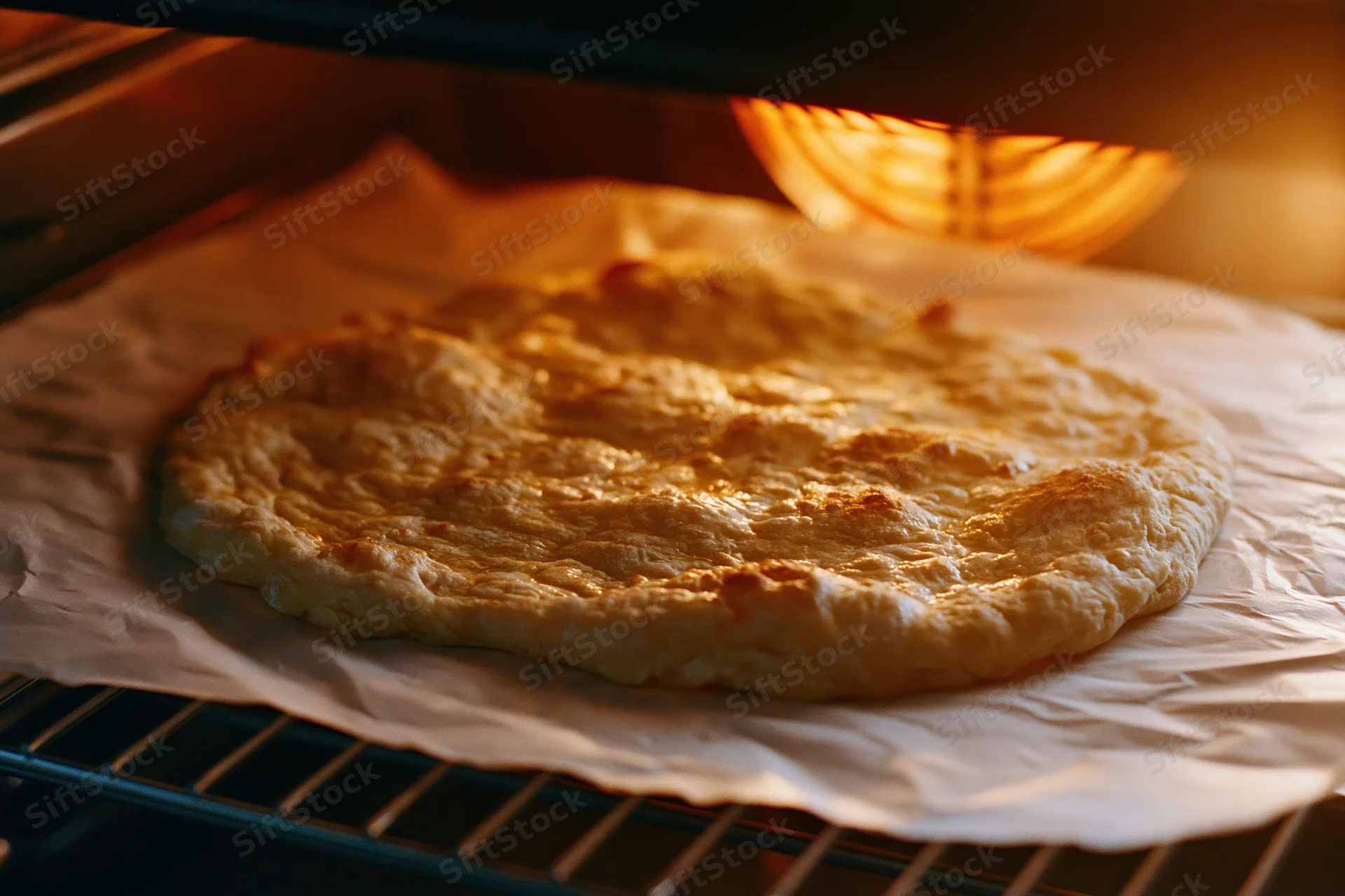 Pizza baking in oven on parchment paper with golden crust and bubbly surface