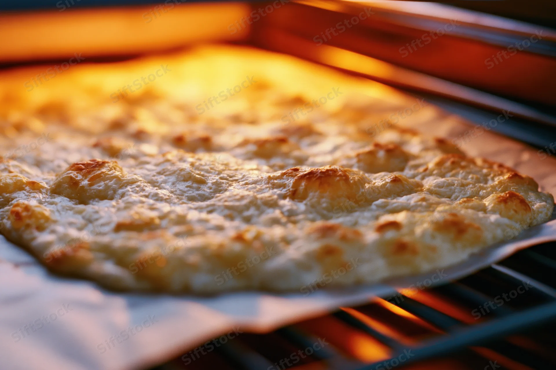 Pizza baking in oven with golden bubbly cheese on parchment paper
