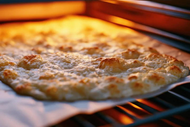 Pizza baking in oven with golden bubbly cheese on parchment paper