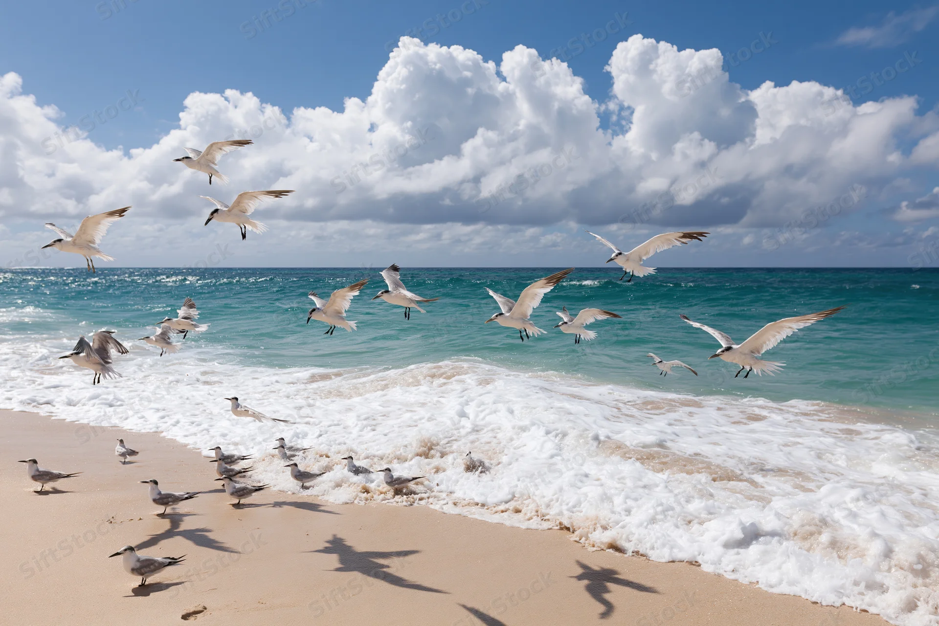 Seagulls flying over a sandy beach with waves and clouds above
