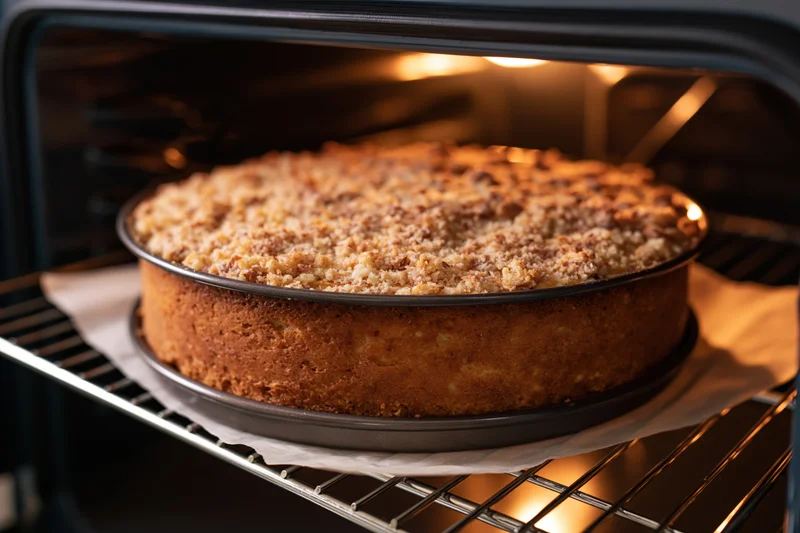 Round crumble-topped cake baking in oven on wire rack with parchment paper