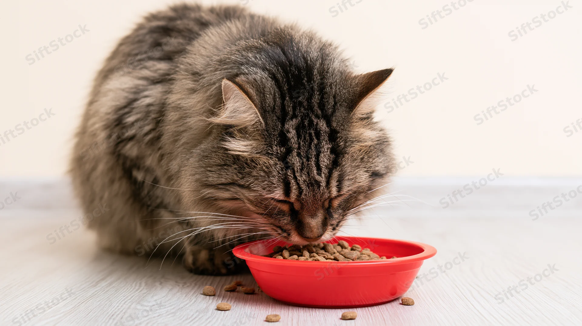 Tabby cat eating dry kibble from a red bowl on wooden floor indoors