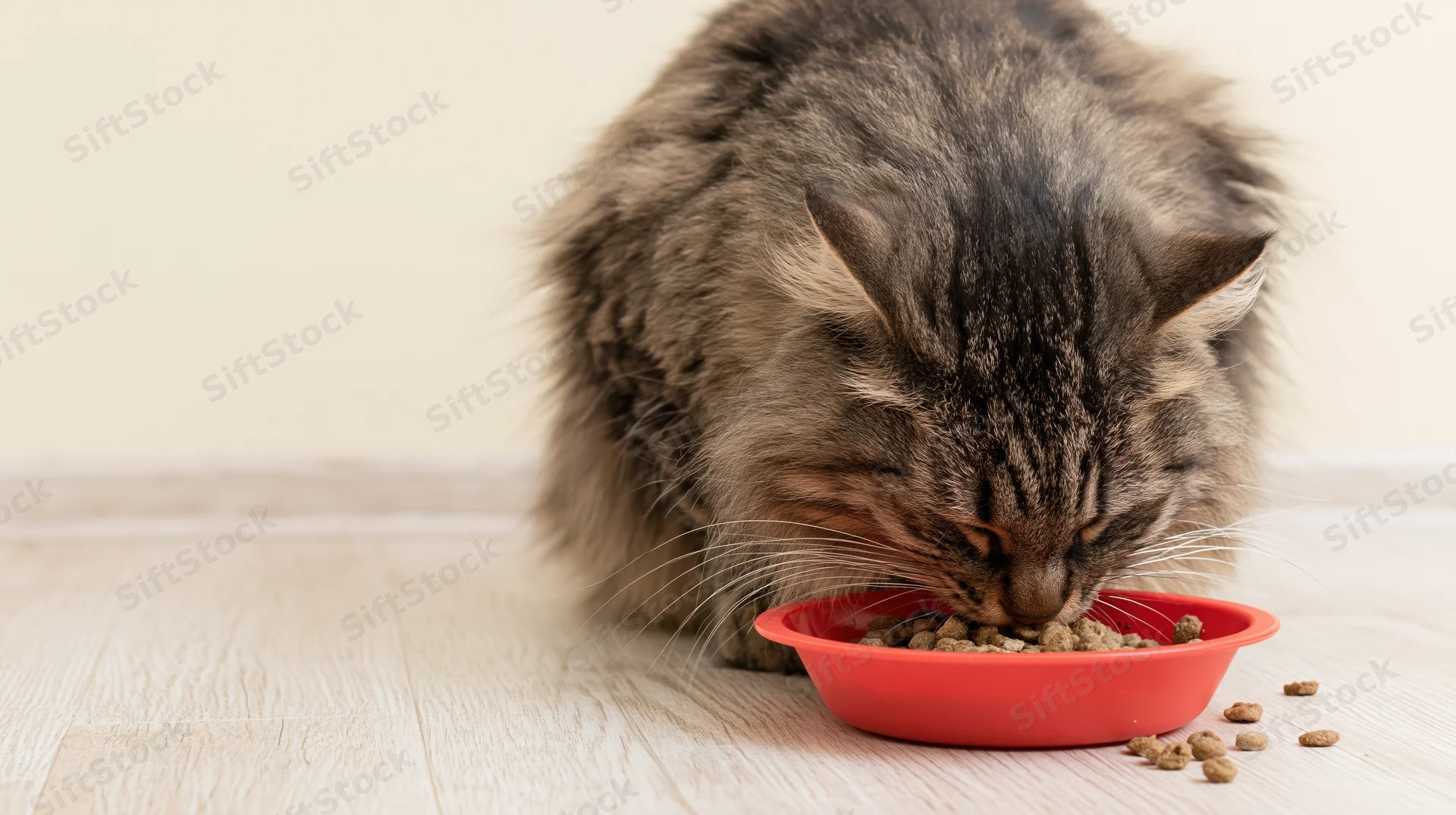 Gray tabby cat eating dry kibble from a red bowl on light wood flooring indoors