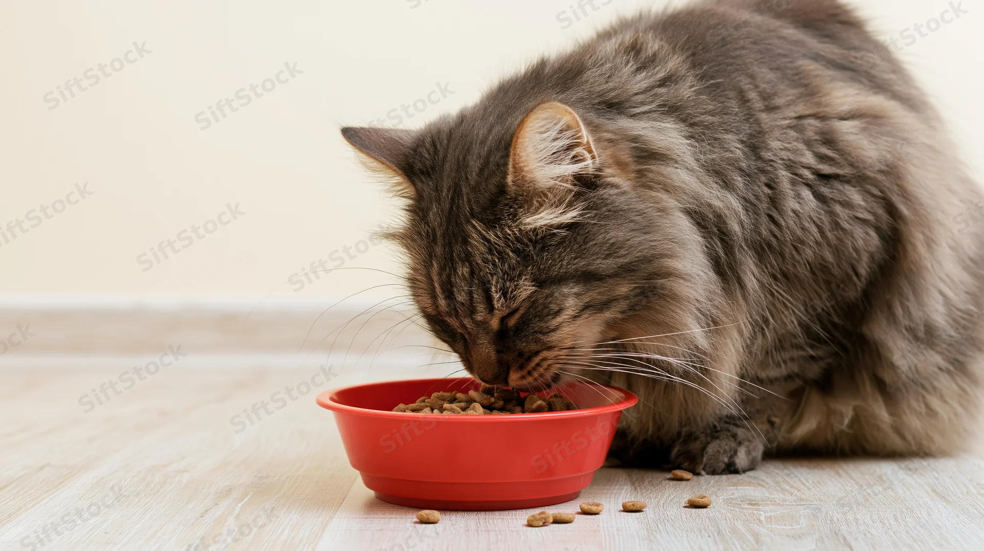Gray tabby cat eating dry food from a red bowl on a wooden floor indoors